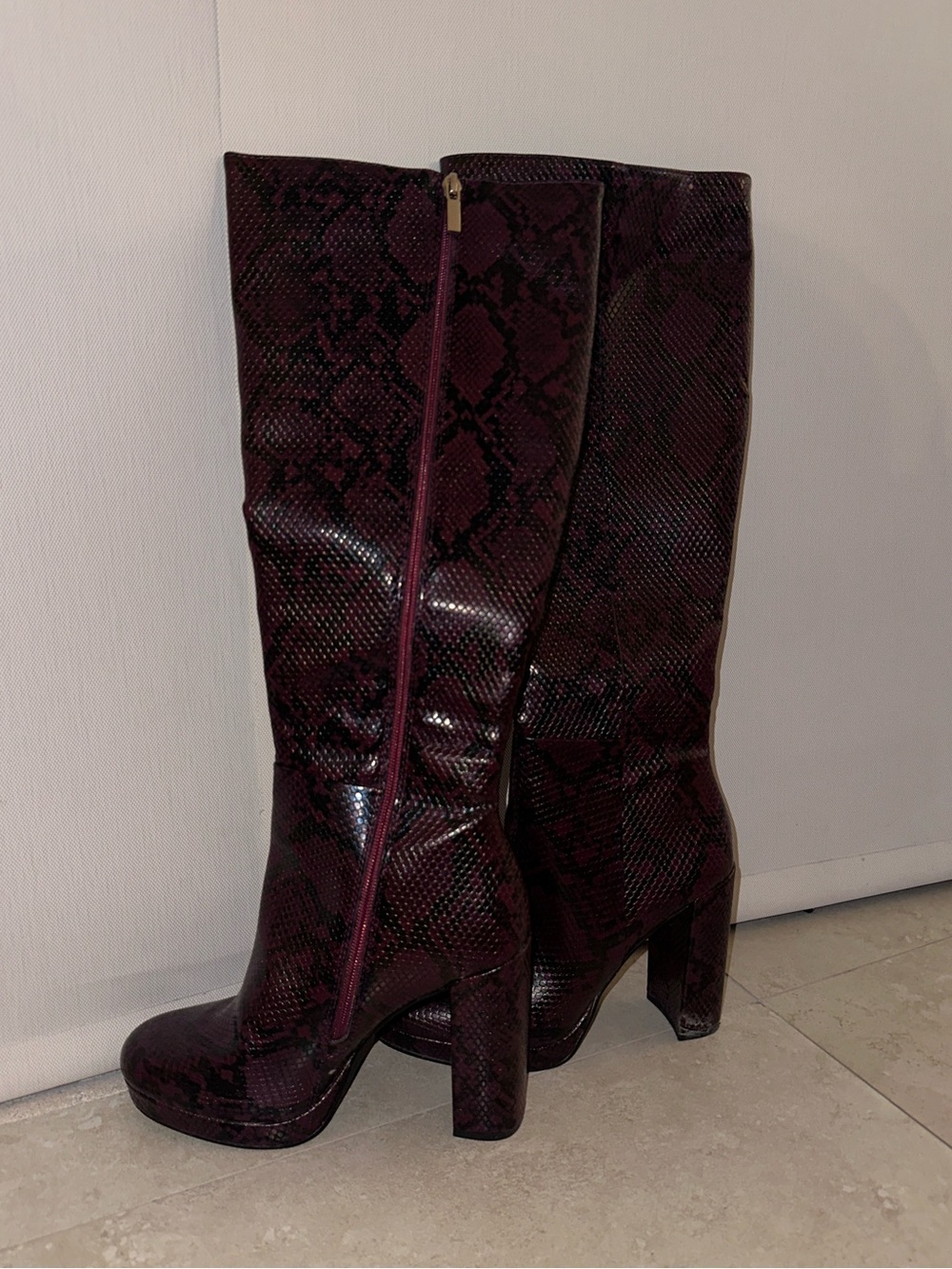 Tall Snake-Print Zip Boots in Deep Burgundy